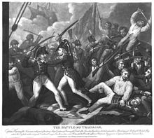 Gravure en noir et blanc d'une scène d'abordage lors de la bataille de Trafalgar.