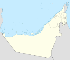 Mapa konturowa Zjednoczonych Emiratów Arabskich, po prawej nieco u góry znajduje się punkt z opisem „Dubaj”