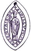 Sceau médiéval représentant un clerc debout portant une crosse.