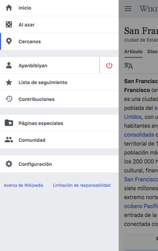 Screenshot of Advanced mobile contributions main menu updates on Spanish Wikipedia
