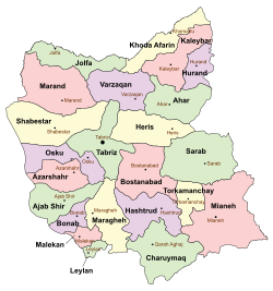 Location of Kaleybar County in East Azerbaijan province (top right, pink)
