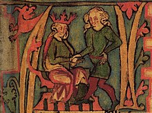 Stran iz iluminiranega rokopisa prikazuje dve moški podobi. Na levi strani sedeči moški nosi rdečo krono, na desni strani pa ima stoječi moški dolge svetle lase. Njihovi desni roki sta sklenjeni skupaj.