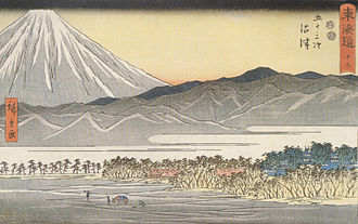 Golygfa o Fynydd Fuji o Numazu (rhan o'r gyfres Pum-deg-tri gwersyll y Tokaido gan Hiroshige, gyhoeddwyd 1850)
