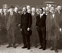 Founders Václav Klement (left) and Václav Laurin (right, both highlighted) next to the Czechoslovak president Tomáš Masaryk