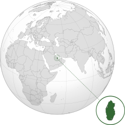 สถานที่ตั้งและขอบเขตของประเทศกาตาร์ (สีเขียวเข้ม) ในคาบสมุทรอาหรับ