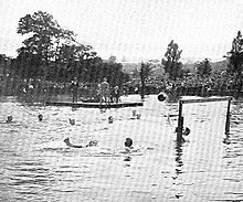Vue de joueurs de water-polo dans l'eau, avec des arbres en arrière-plan.