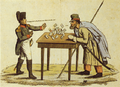 Das napoleonische System fällt wie ein Kartenhaus in sich zusammen, contemporary German caricature