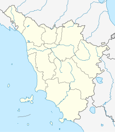 Mapa konturowa Toskanii, w centrum znajduje się punkt z opisem „Monteriggioni”