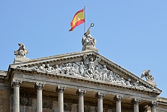 Pediment of the facade of National Library of Spain - Madrid, Spain