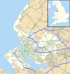 Mapa konturowa Merseyside, w centrum znajduje się punkt z opisem „Kirkby”