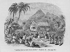 Misioneros europeos en África recibiendo objetos de culto indígenas para su destrucción (1837).