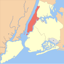 Kaupungin kartta, jossa Manhattan korostettuna.