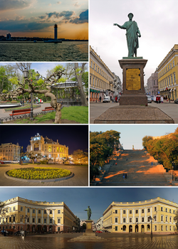 Theo ngược chiều kim đồng hồ: Đài tưởng niệm Duc de Richelieu, hải đăng Vorontsov, vườn thành phố, Nhà hát Opera và Ballet Odessa, bậc thềm Potemkin, Square de Richelieu