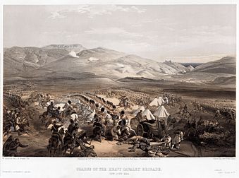 Ilustração que mostra os Dragoons Enniskillen e 5ª Guarda Dragoon envolverem a cavalaria russa no meio do acampamento da brigada de cavalaria, que está sendo saqueado pelas tropas russas durante a batalha de Balaclava. (definição 3 704 × 2 752)