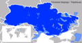 O ucraniano como língua majoritária (azul escuro) e língua minoritária (azul claro) na ucraniano e arredores