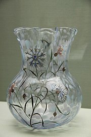 Vase with Bleuet flowers, "Moonlight blue" polychrome glass with enamel flowers, speckles (1879)