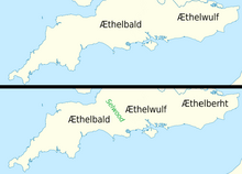 Deux cartes du sud de l'Angleterre. L'une montre Æthelbald régnant à l'ouest et Æthelwulf à l'est. L'autre montre Æthelbald régnant à l'ouest, Æthelwulf au centre et Æthelberht à l'est.