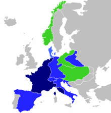 Map of Europe. French Empire shown as slightly bigger than present day France as it included parts of present-day Netherlands and Italy.