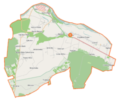 Mapa konturowa gminy Czosnów, na dole nieco na prawo znajduje się punkt z opisem „Cmentarz w Palmirach”
