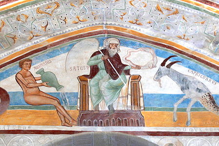 Saturne régit le Capricorne et le Verseau. Château Rocca Borromeo di Angera (Province de Varèse). Salle de la Justice. Fresque illustrant l'Hiver.