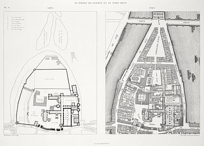 Plan of the Palace and Conciergerie in 1380 and 1754 (double-click for full size)