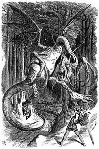Minh họa Jabberwock của John Tenniel cho cuốn Alice ở xứ sở trong gương của Lewis Carroll, cho thấy con rồng là một giáo sư bị cận thị.[17]