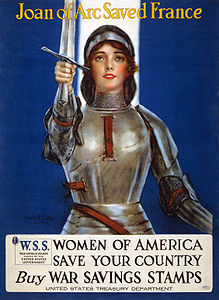 Jeanne d'Arc Fransa'yı kurtardı. Amerikan kadınlar ülkenizi kurtaracaktır. Savaş yardım pulu satın alın. I. Dünya Savaşı savaş yardım pulu posteri, 1918. (Üreten: Haskell Coffin)