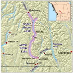 Map highlighting the Arrow Lakes