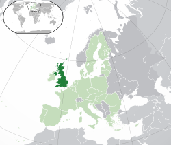 Location of ޔުނައިޓެޑް ކިންގްޑަމް (dark green) – in Europe (light green & dark grey) – in the European Union (light green)  –  [Legend]
