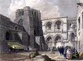 1834年的一副描绘圣墓教堂的版画，右上窗口下方可见现状梯子