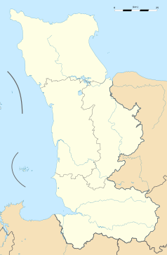 Mapa konturowa Manche, w centrum znajduje się punkt z opisem „Ouville”