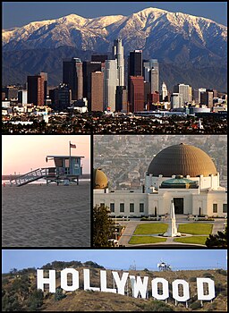 Uppe från vänster till höger: Downtown Los Angeles med den ofta snötäckta Mount San Antonio i bakgrunden, badvaktstorn på Venice Beach, Griffith Observatory, Hollywoodskylten.