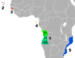 Mapa da extensão geográfica dos dialetos do português africano