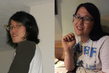 Deux photographies d'une personne avant et après sa transition en tant que femme trans. Sur la photographie post-transition, ses cheveux sont plus longs et sa poitrine témoigne d'un développement mammaire.