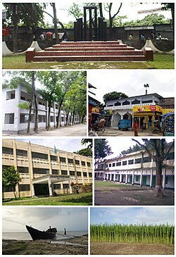 Skyline of Charbhadrasan, Faridpur, Bangladesh (clockwise from top):Central Shaheed Minar, Charbhadrasan Central Masque, Charbhadrasan Pilot High School, Jute Field, Gopalpur Ghat of Padma, Charbhadrasan Govt. College, Upazila Nirbahi Officer’s Office.