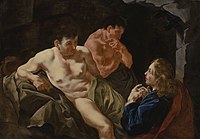 Joseph interpretando los sueños de los eunucos. dos eunucos semidesnudos reclinados sobre un diván a los que se dirige José,