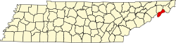map of Tennessee highlighting Unicoi County