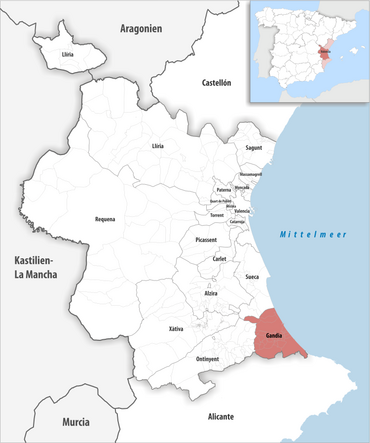 Die Lage des Gerichtsbezirk Gandia in der Provinz Valencia