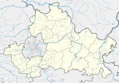Mapa konturowa powiatu częstochowskiego, blisko centrum na dole znajduje się punkt z opisem „miejsce bitwy”