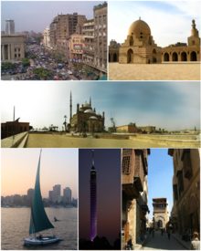 Top left: Downtown Cairo; top right: Ibn Tulun Mosque; middle: Cairo Citadel; bottom left: Nile Felucca; bottom middle: Cairo Tower; bottom right: Muizz Street