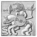 Detalj fra relieff på hjelmplate fra vendeltida (600-tallet) funnet i Vendel i Uppland i Sverige. Motivet er blitt tolket som Odin med Hugin og Munin.