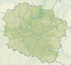 Mapa konturowa województwa kujawsko-pomorskiego, blisko centrum na lewo znajduje się punkt z opisem „ujście”