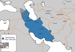 The Zand dynasty at its zenith under Karim Khan. Light-blue shows the Kingdom of کارتلی-کاهتی کراللیغی، which was de jure under Zand rule, but de facto autonomous.