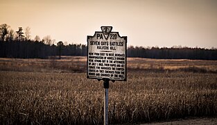 Seven Days Battles Malvern Hill Here from east to west, Berdan's sharpshooters of Morell's Division were strung out in the afternoon of July 1, 1862. Their rapid and accurate fire harassed the (12896306155).jpg