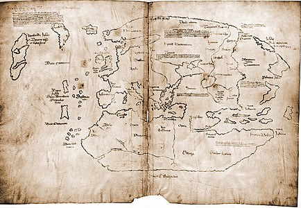 Vinland Haritası, İzlanda Sagalarında Leif Ericson adlı bir Vikingin yerleştiği aktarılan Vinland'ın yer almasından dolayı bu ad verildi. 13. yüzyıla ait orijinalin 15. yüzyılda çizilen kopyası olduğu iddia edildi ve Kolomb Öncesi Okyanus Ötesi Temas'ın delili olarak gösterildi. Ancak 20. yüzyılda hazırlanan sahte bir harita olduğu düşünülmektedir. (Üreten: Bilinmemektedir.