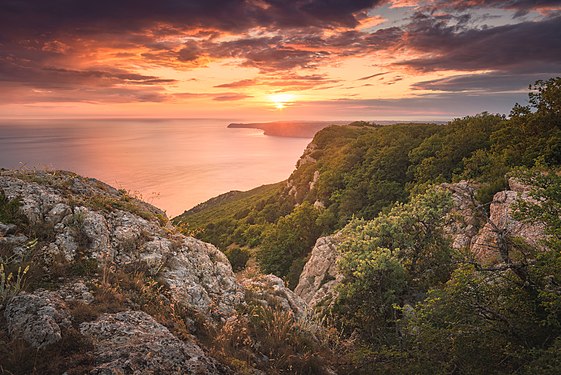Sunset above the Cape Aya National Landscape Reserve on the coast of the Black Sea in Crimea (Southern Ukraine). Photograph: Vian