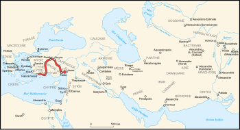 Carte de l'itinéraire d'Alexandros en Asie Mineure au cours de l'année 333