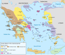 O hartă a dialectelor vechi grecești (cca. 400 î.Hr.)