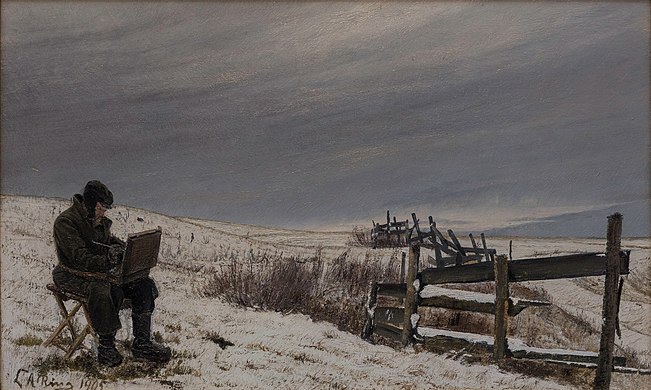 L.A. Ring: Vintermaleren - Snelandskab med Maler Aage Bertelsen siddende ved sit Arbejde, 1905, privat eje