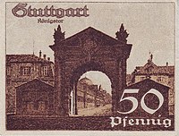 Stuttgarter Notgeld von 1921 mit dem Königstor als Motiv.